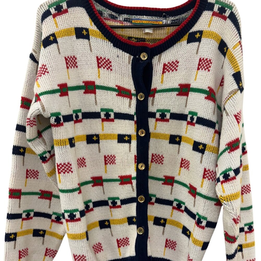 Vintage 90s Bryn Connelly Cardigan Sweater Flags Size Small Multi Colored